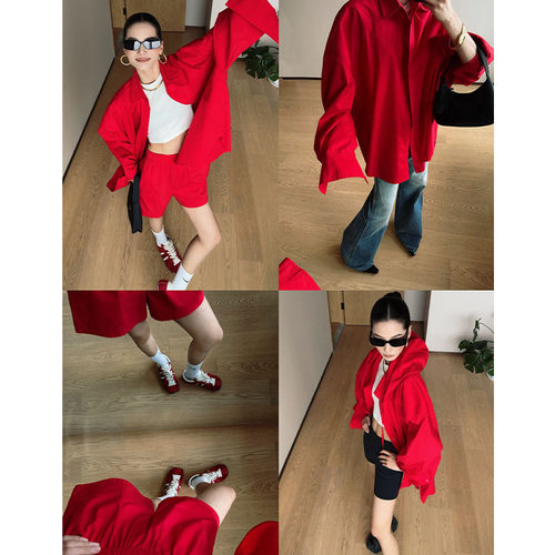 CIZZLEMORE  亨特红时尚阔版松弛休闲衬衫百搭显瘦短裤连帽套装女