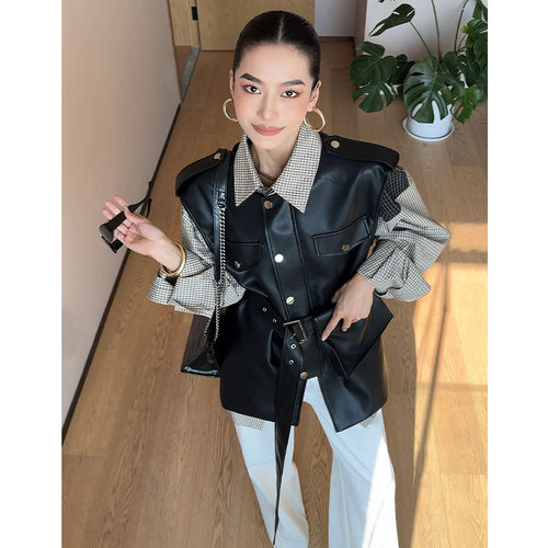 CIZZLEMORE 超绝时尚百搭显瘦带腰带大口袋设计款皮质马甲上衣女