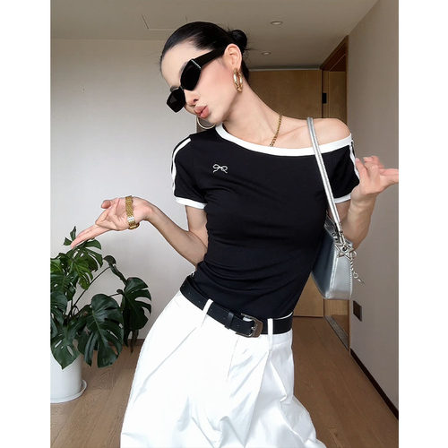 CIZZLEMORE 甜心萌趣美式复古两条杠短袖T恤女纯欲修身短款上衣