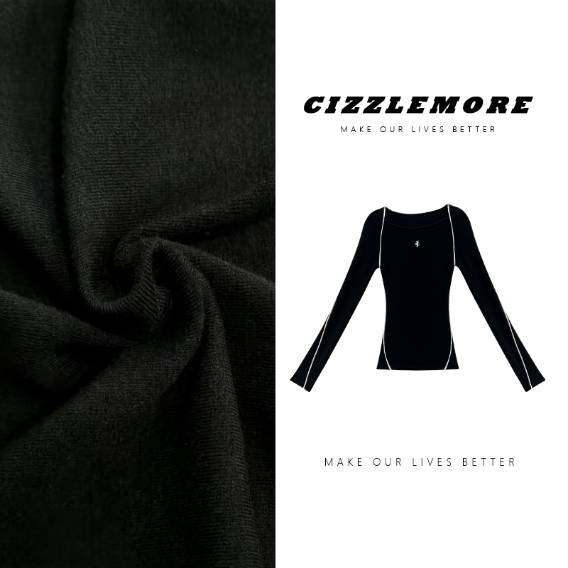 CIZZLEMORE【内在美】设计款撞色线条质感长袖上衣显瘦黑色打底