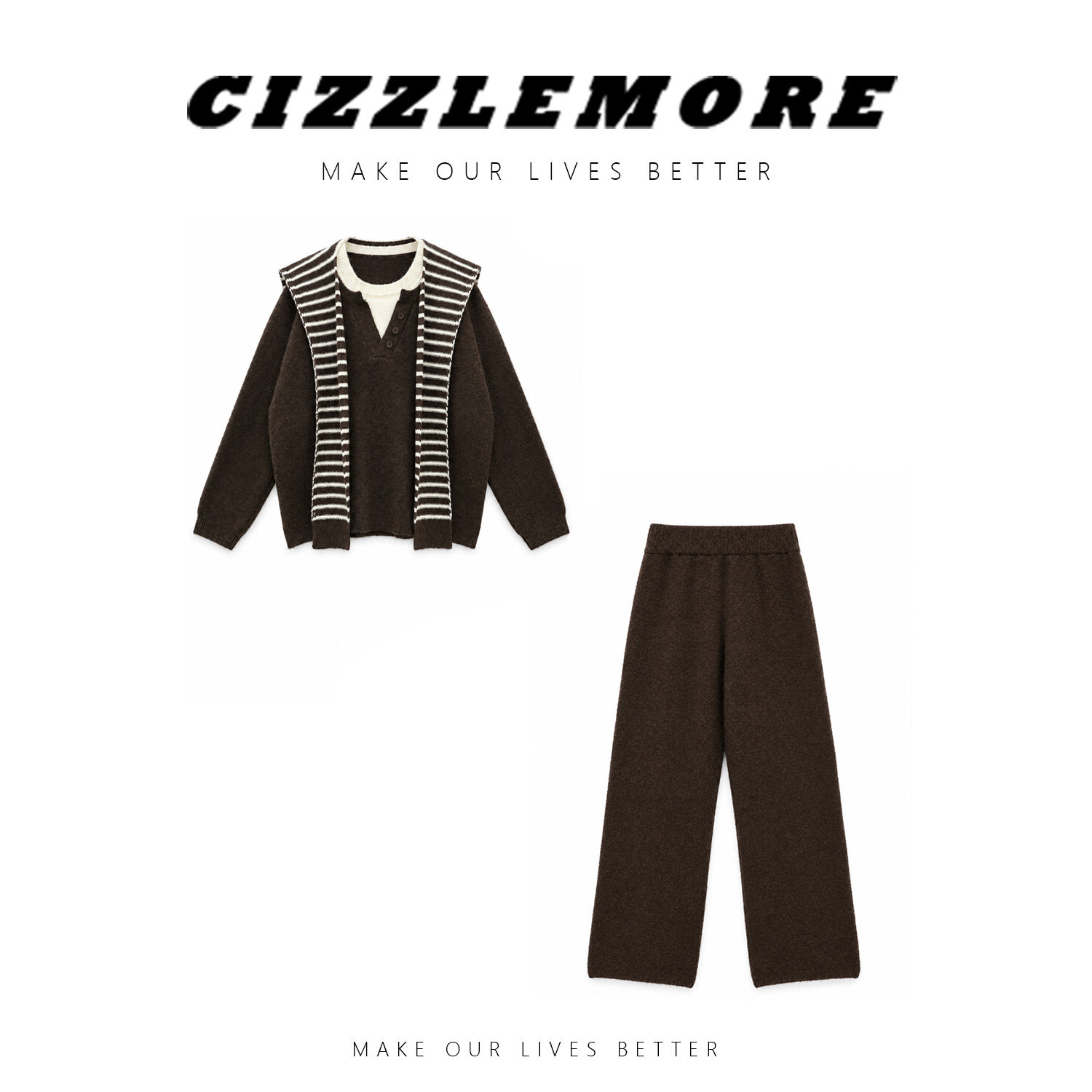 CIZZLEMORE【塞纳午后】撞色双领假两件搭配条纹披肩阔腿裤套装