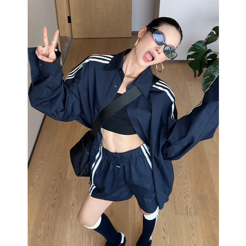 CIZZLEMORE 去野 三条杠立领潮牌宽松休闲拼接美式复古衬衫+短裤