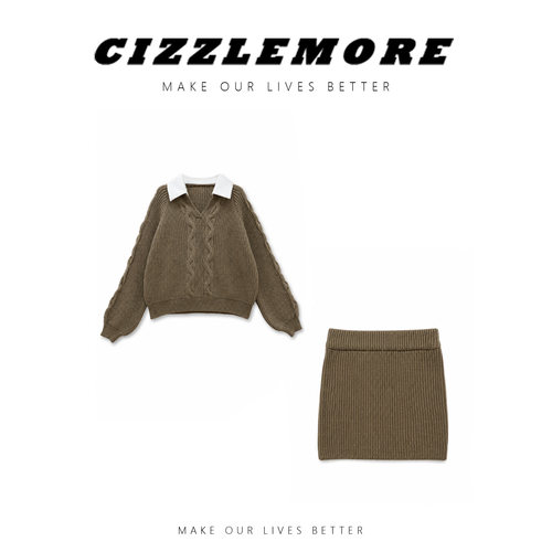 CIZZLEMORE【千岛旋律】学院粗针绞花工艺衬衫领毛衣显瘦半裙套装