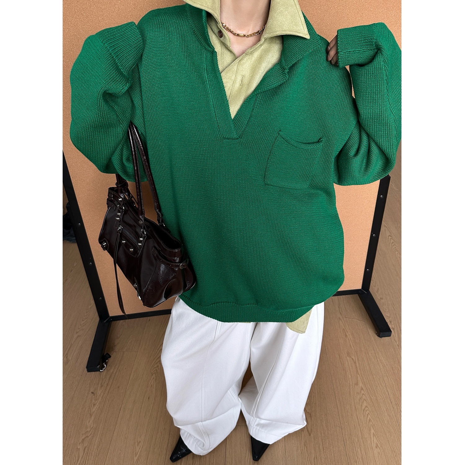 CIZZLEMORE【密境寻踪】绿色翻领POLO套头宽松休闲长袖羊毛针织衫