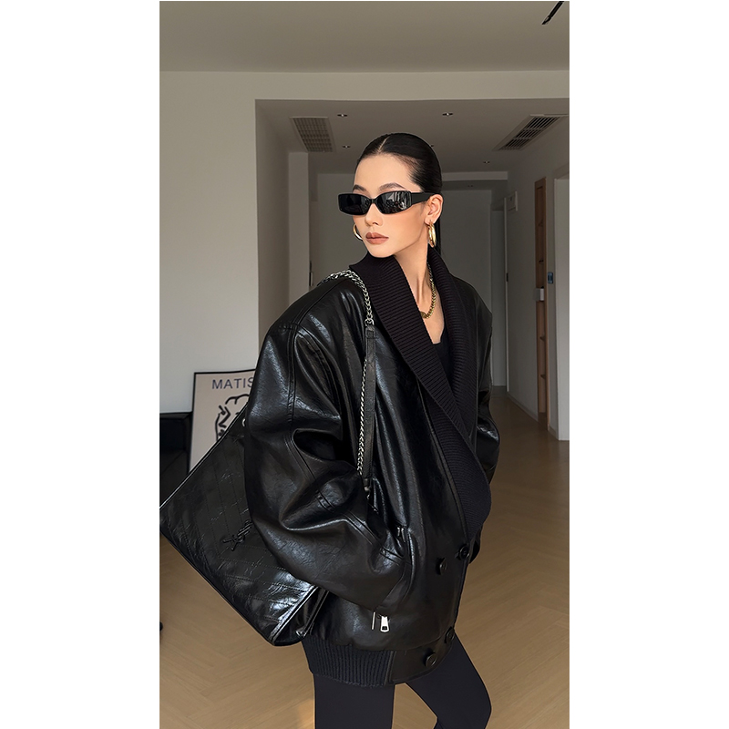 CIZZLEMORE 重工高级感夹棉加厚外套小众独特拼接针织领pu皮衣女