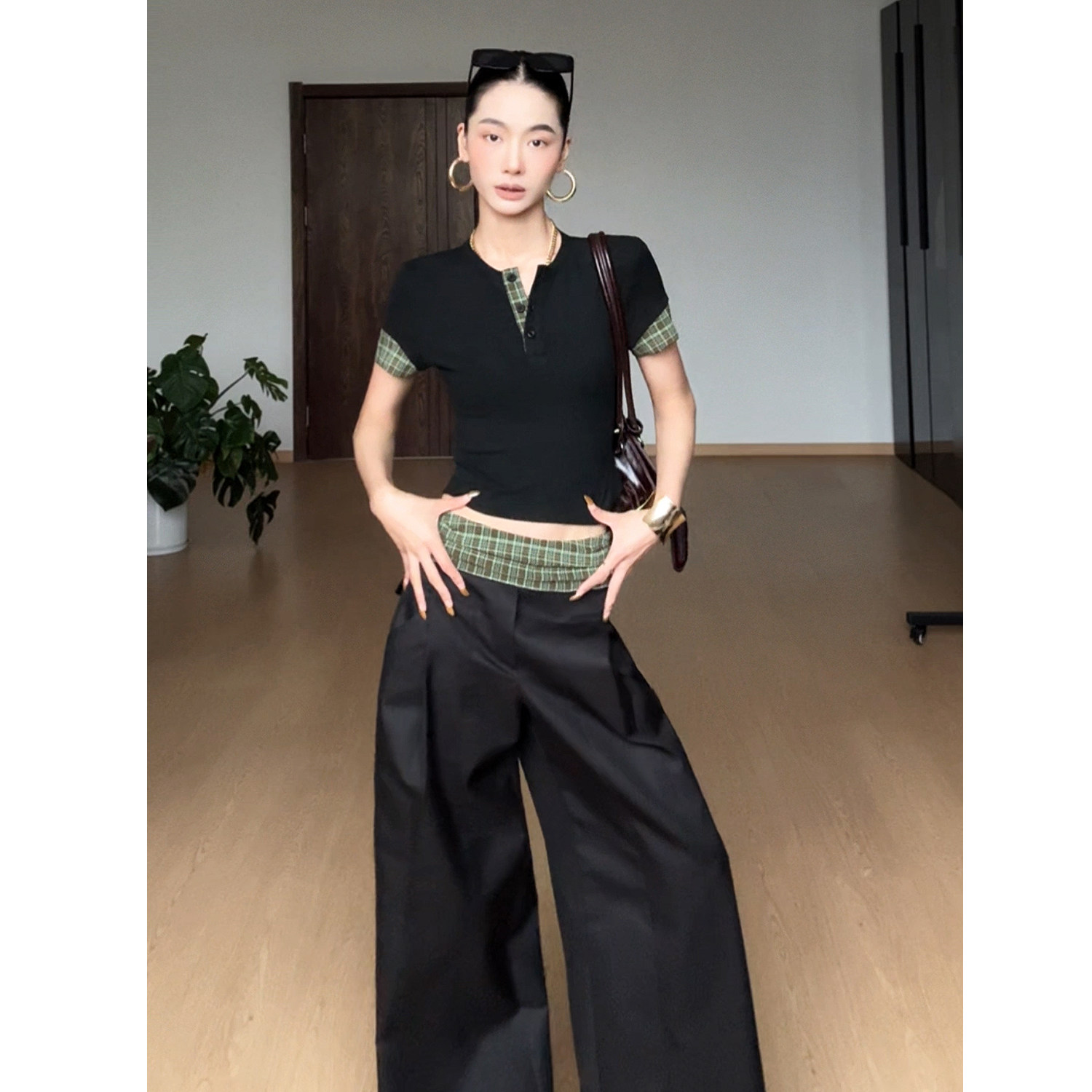 CIZZLEMORE【格调先锋】格子拼接修身显瘦短袖设计感休闲长裤套装
