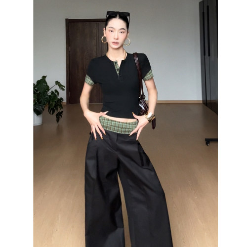 CIZZLEMORE【格调先锋】格子拼接修身显瘦短袖设计感休闲长裤套装