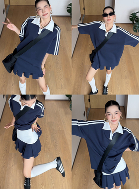 CIZZLEMORE【美式撞色】宽松休闲条纹撞色POLO短袖＋学院压褶短裙