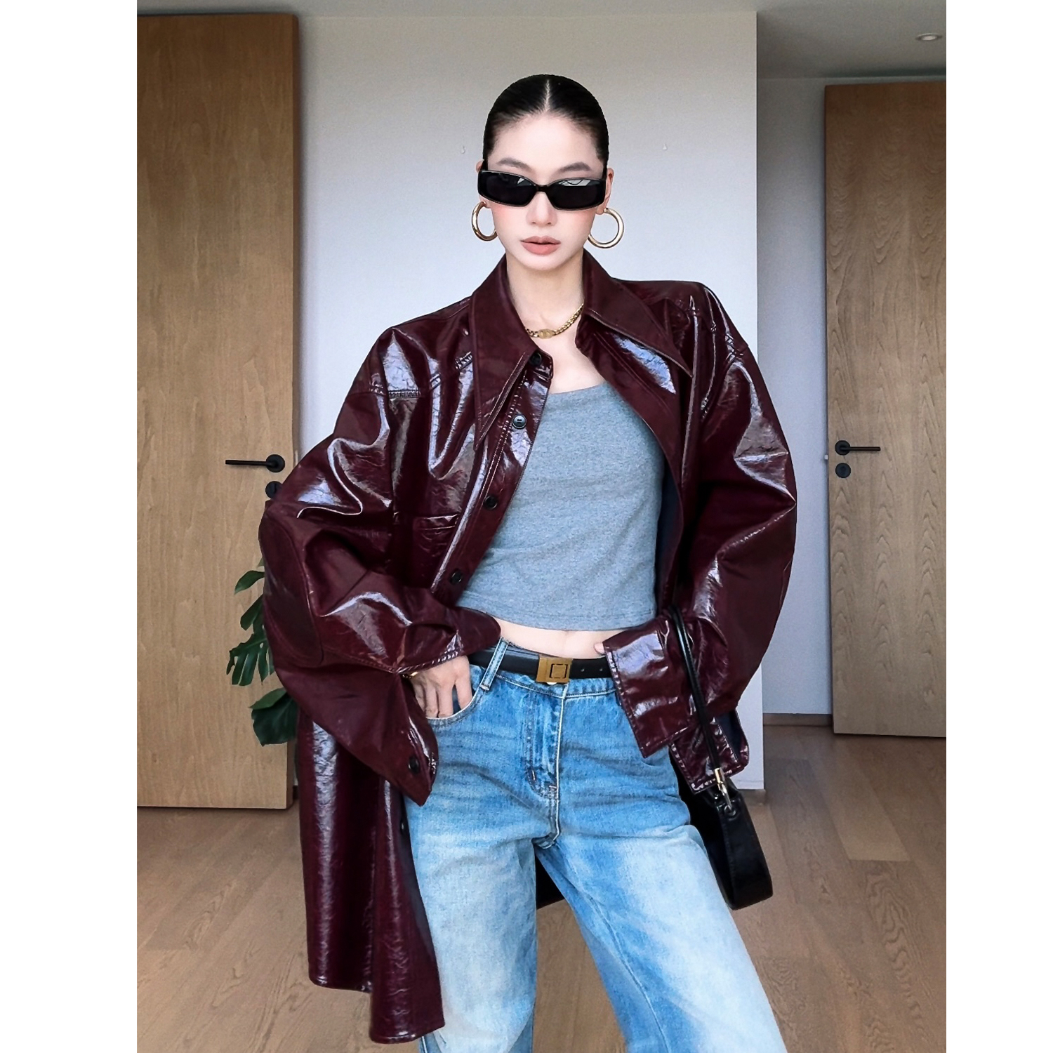 CIZZLEMORE【都市野心】复古长袖皮衬衣PU衬衫柔软气质叠穿外套