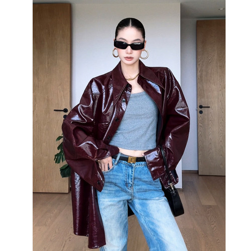 CIZZLEMORE【都市野心】复古长袖皮衬衣PU衬衫柔软气质叠穿外套