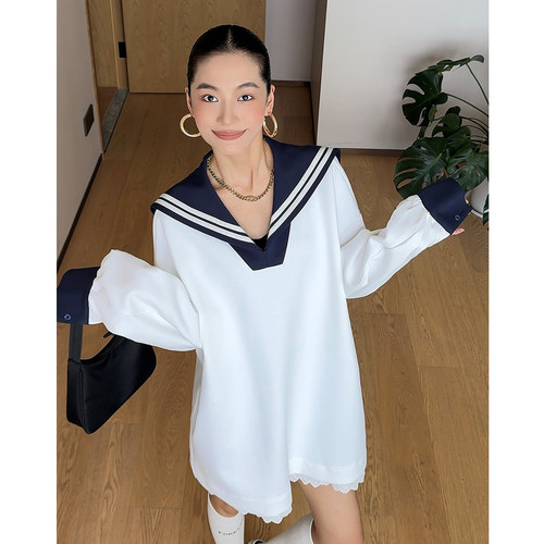 CIZZLEMORE【海风自由】水手航海军藏青白撞色落肩宽松长袖卫衣女