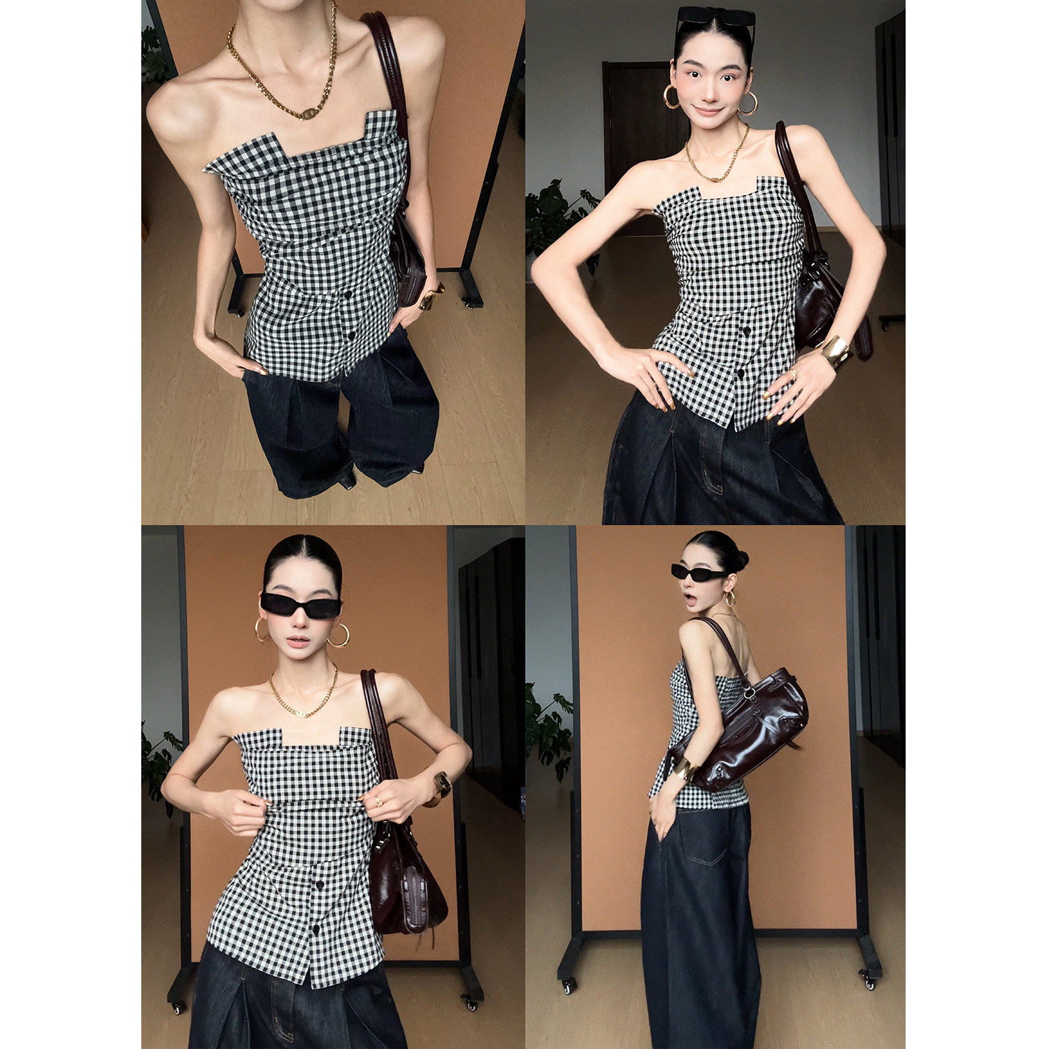 CIZZLEMORE 【智性】法式甜美亚麻黑白格纹抹胸上衣新款修身显瘦