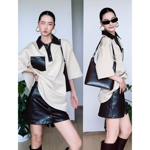 ＋双腰头皮裙中腰复古半身裙 拼皮POLO领短袖 CIZZLEMORE 乐世代
