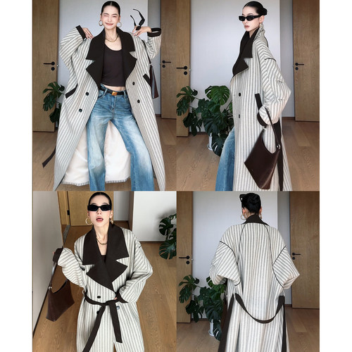 CIZZLEMORE【梦回巴黎】英伦翻领呢感条纹风衣外套女早秋廓形大衣
