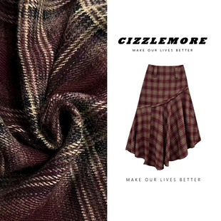 【反叛甜心】甜辣风复古酒红色格纹不规则半身裙鱼尾中长款裙复古