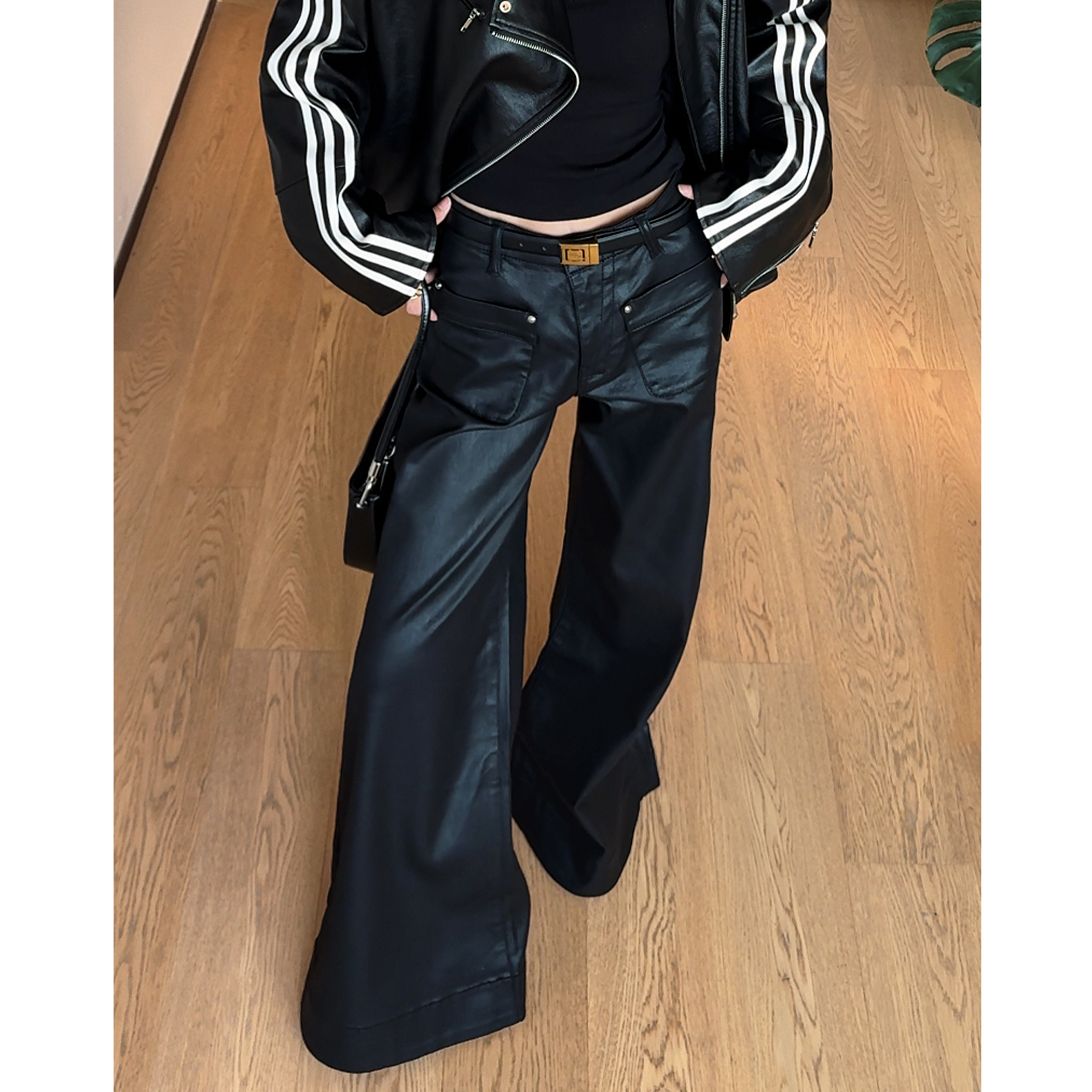 CIZZLEMORE【克制浪漫】刷蜡仿皮牛仔复古摩登百搭直筒弹力阔腿裤