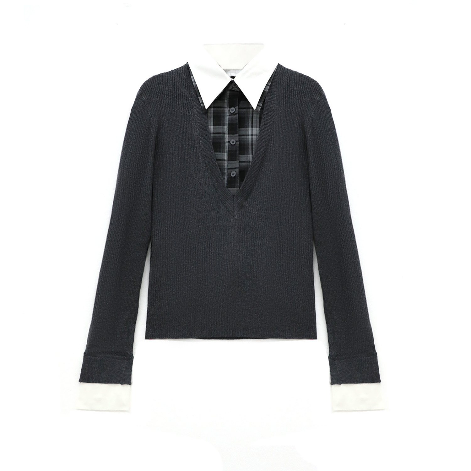 【祝长青】格纹拼接假两件羊毛针织t恤宽松薄款长袖针织衫上衣女,女装/女士精品,毛针织衫,淘宝优惠券,粉丝福利购,淘宝优惠卷