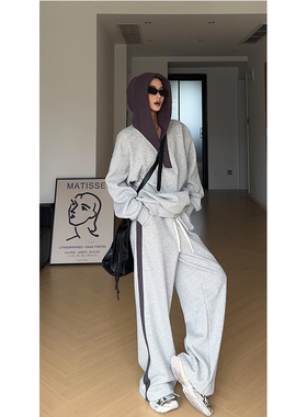 CIZZLEMORE ins高级感拼接运动休闲设计感灰色连帽卫衣裤子两件套