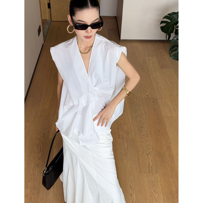 CIZZLEMORE 夏季新款简约百搭褶皱设计V领宽松无袖纯色衬衣女