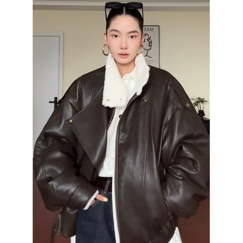 CIZZLEMORE【暖调爵士】复古美拉德加绒立领短款皮衣外套机车服