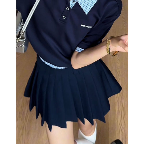 CIZZLEMORE【学姐】时尚减龄学院风格纹双腰头百褶半身显瘦半裙
