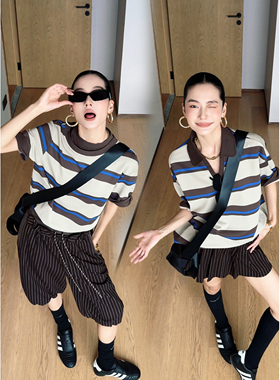 CIZZLEMORE 趣味条纹复古休闲撞色条纹polo衫女短袖T恤短裤半裙