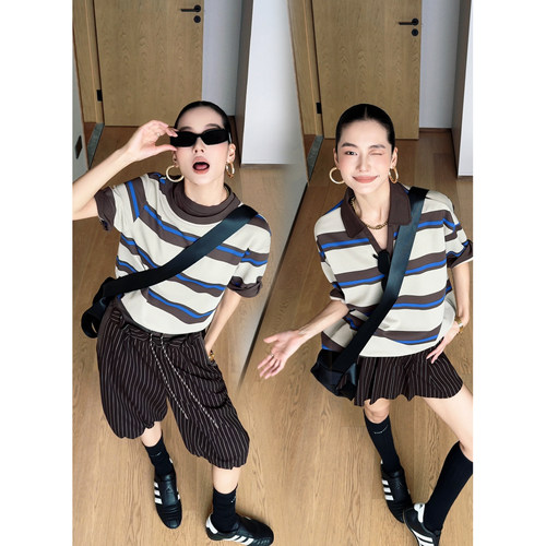 CIZZLEMORE 趣味条纹复古休闲撞色条纹polo衫女短袖T恤短裤半裙