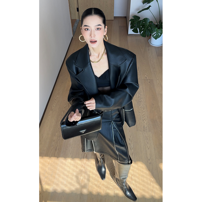 CIZZLEMORE 解构体系设计感平驳领开合西服+双侧开合拉链中长皮裙