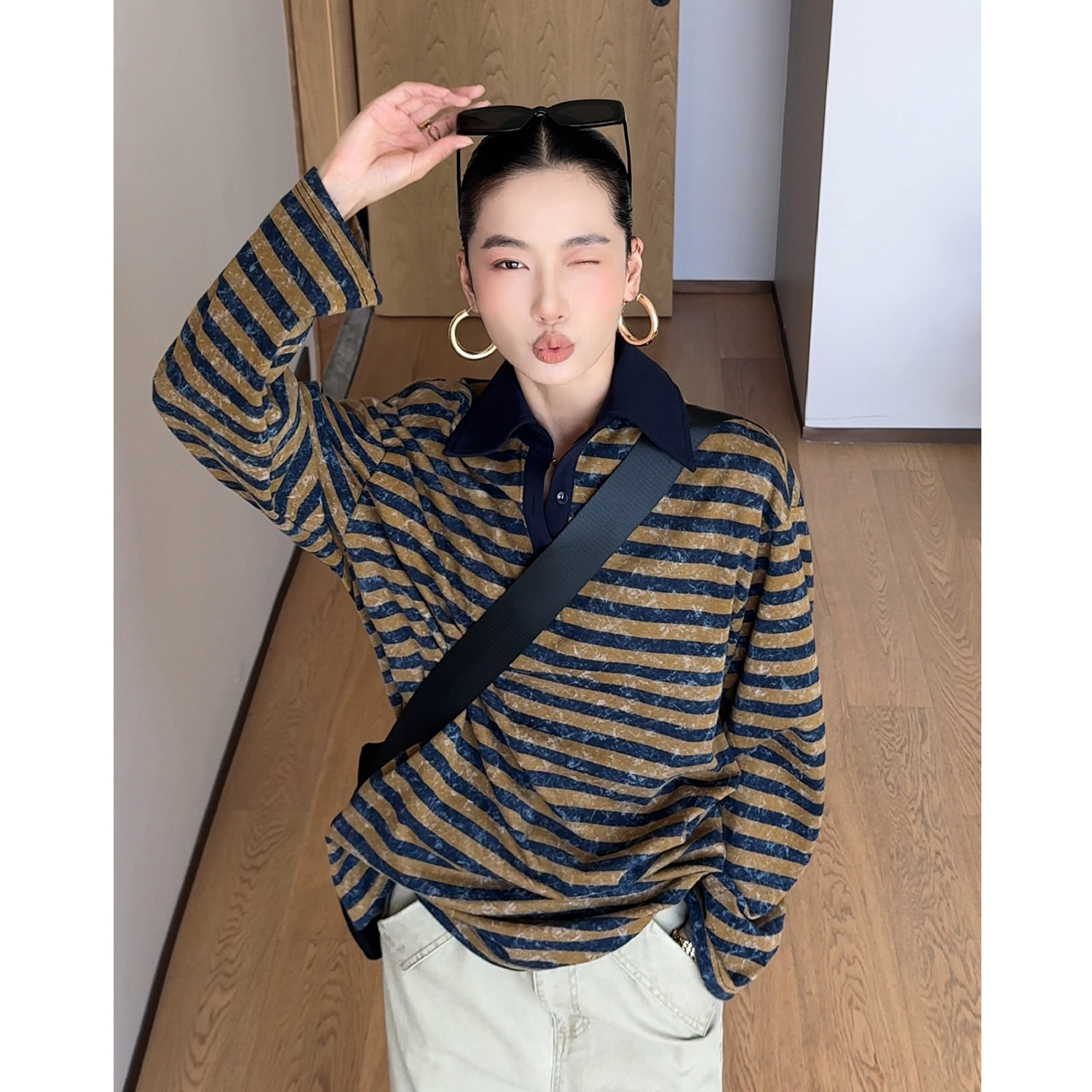 CIZZLEMORE【自由新风】撞色条纹POLO领长袖卫衣宽松中长款上衣