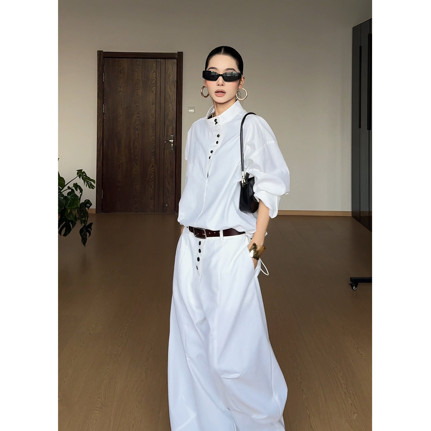 CIZZLEMORE【月光集】极简立领亚麻长袖衬衫宽松排扣阔腿裤两件套