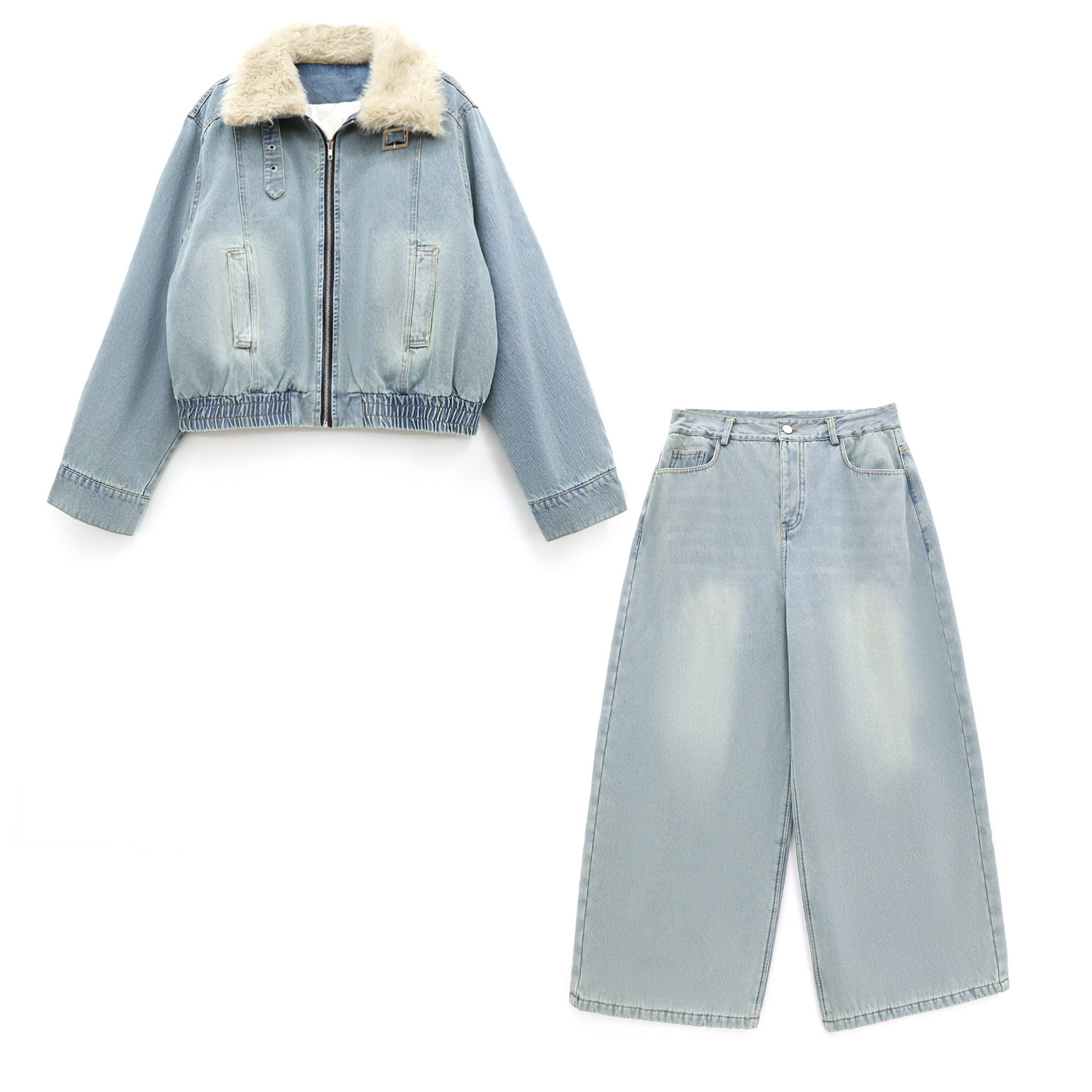【偏爱蓝调】羊羔毛领羽绒牛仔外套女+高腰直筒拖地牛仔裤套装,女装/女士精品,时尚套装,淘宝优惠券,粉丝福利购,淘宝优惠卷