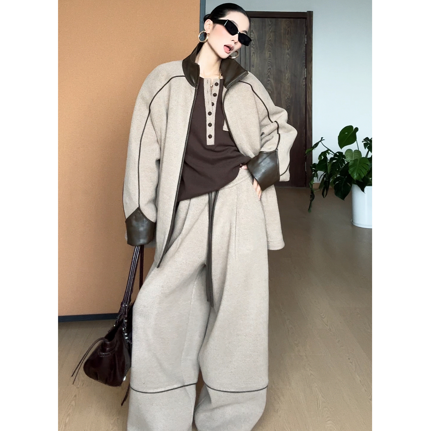 CIZZLEMORE【雾屿】肌理小众设计解构拼皮羊毛上衣显瘦休闲裤套装