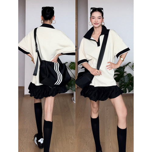 CIZZLEMORE 智感 百搭杏色老钱风POLO领廓形短袖宽松显瘦T恤裙