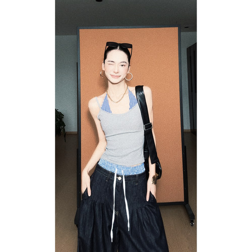 CIZZLEMORE【野柔】美式格纹吊带双腰头撞色格纹阔版牛仔长裤套装