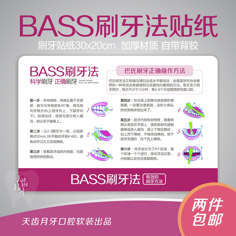 bass刷牙法贴纸30x20cm标准刷牙方法牙科诊所医院刷牙法贴纸定制