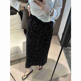 韩国2024秋冬新款 高腰显瘦亮片半身裙女松紧腰后开叉弹力直筒长裙