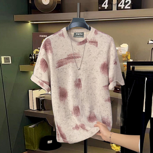 夏季 T恤男针织体恤石壁圆领上衣 撞色扎染不规则涂鸦潮流设计短袖