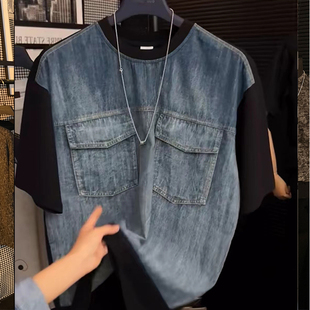 T恤男 复古做旧半袖 原创牛仔拼接多口袋宽松短袖 上衣轻奢撞色夏季
