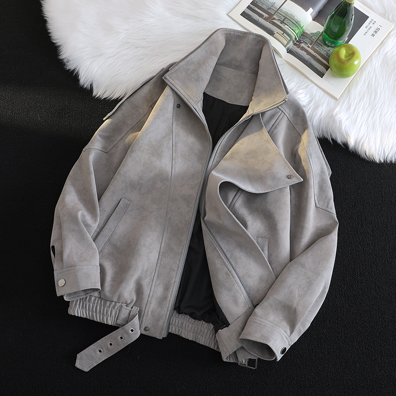 高级感双层领夹克男皮衣