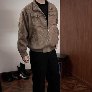经典威尔士亲王秋冬千鸟格哈灵顿羊毛夹克短款加厚宽松毛呢外套潮