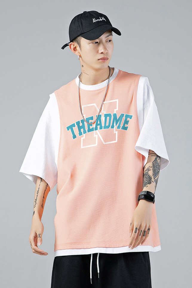2024春季新款潮流个性印花全棉宽松假两件短袖T恤T506P35控48,男装T恤,电商A247-1