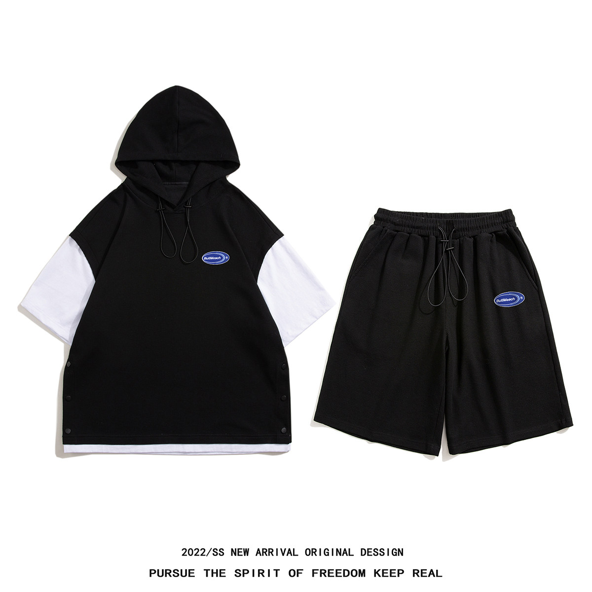 白底夏季潮牌时尚情侣百搭运动短袖连帽T恤套装TZ703P85控108，男装T恤，电商A247-1