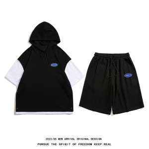 白底 夏季潮牌时尚情侣百搭运动短袖连帽T恤套装 TZ703 P85控108,男装T恤,电商A247-1