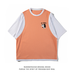 ！2024春季潮流个性印花全棉百搭假两件短袖T恤 T500 P35控48,男装T恤,电商A247-1