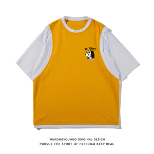 ！2024春季潮流个性印花全棉百搭假两件短袖T恤 T500 P35控48图片