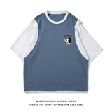 ！2024春季潮流个性印花全棉百搭假两件短袖T恤T500P35控48，男装T恤，电商A247-1