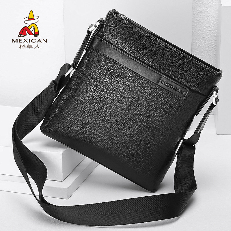 稻草人单肩包真皮男斜挎包官方新款正品休闲男士大容量拉链皮包
