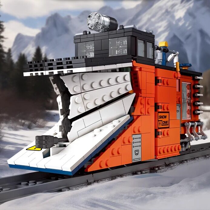 澄海玩具厂家杰星59095小颗粒diy拼装积木带灯光雪犁火车