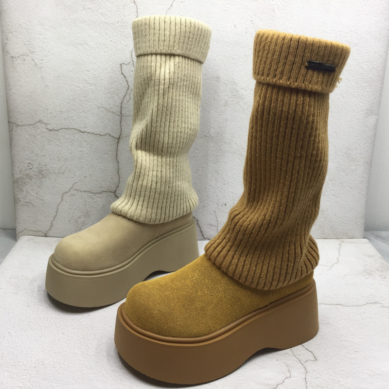 品牌撤柜2025秋季新款断码处理女鞋松糕底圆头中筒时尚针织弹力靴
