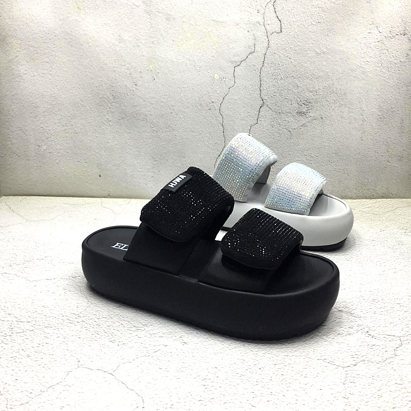 时尚烫钻魔术贴厚底外穿一字拖
